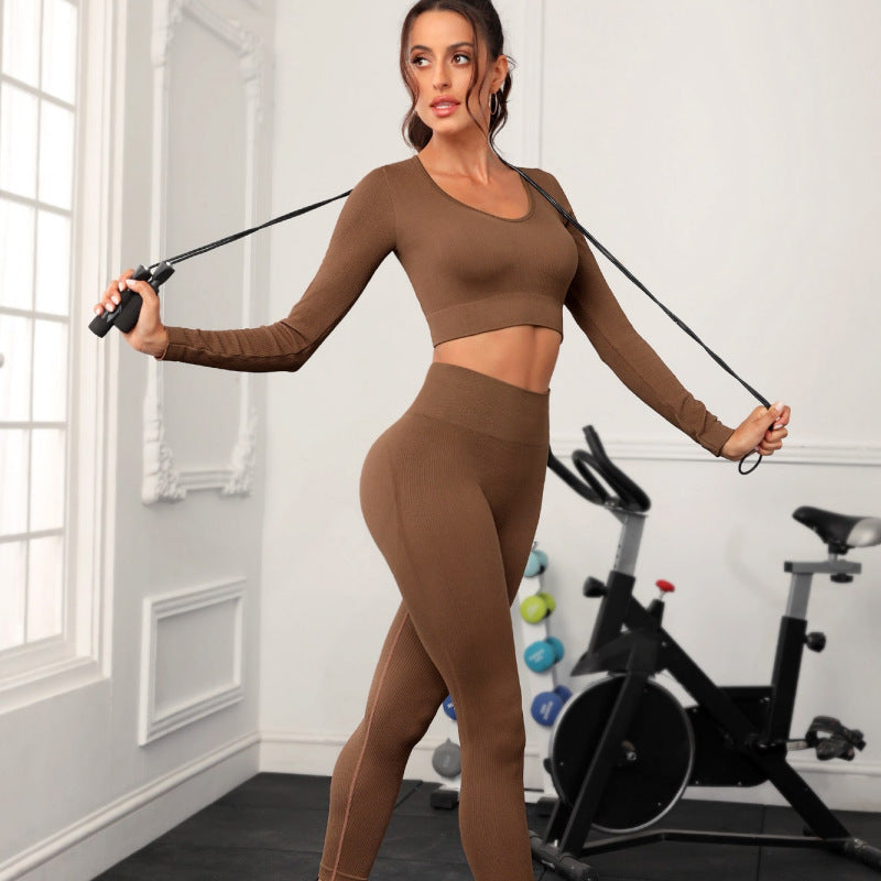 Seamless Knitted Yoga Clothes Long Sleeved Trousers Two Piece Set Moisture Wicking Quick Drying Breathable Fitness Sportswear