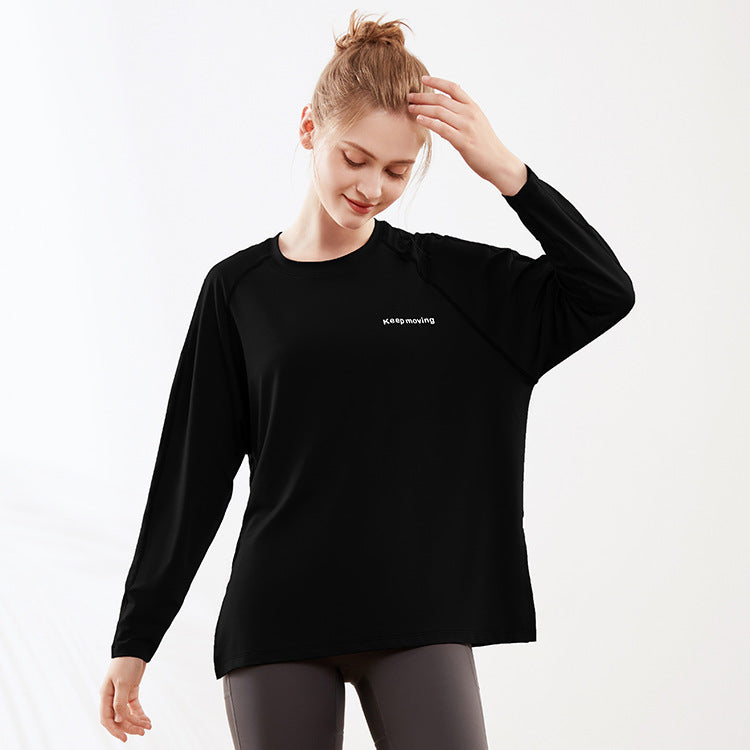 Loose Letter Graphic Loose Yoga Clothes Sports Long Sleeve Women Slit Hemline At Hem T Shirt Casual Long Workout Top