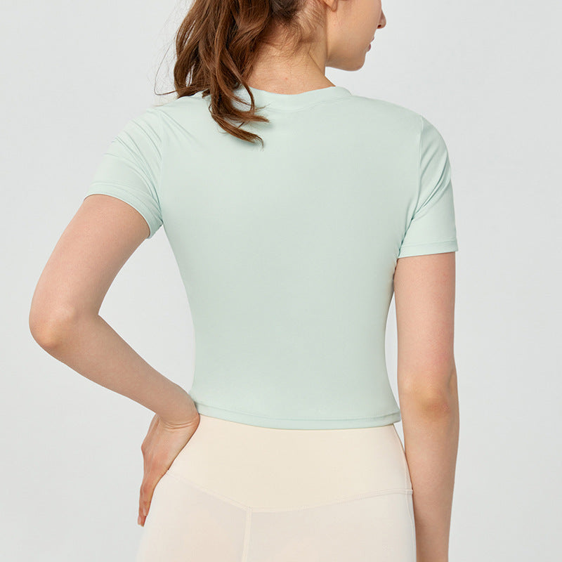 Camiseta clásica de yoga con cuello redondo para verano, para correr, entrenar, deportes, manga corta, ajustada, adelgazante, para pilates y entrenamiento.