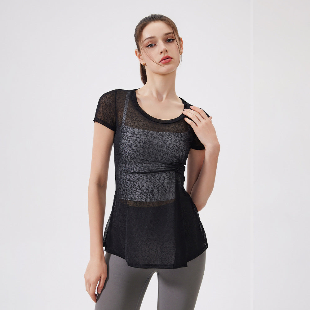 Thin Short Sleeve Slim Fit Breathable Yoga Blouse round Neck Mid Length Waist Fitness Clothes Yoga Clothes Workout Top