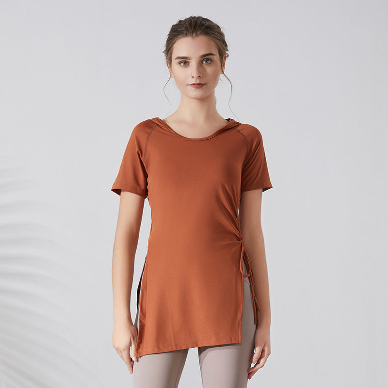 Ropa deportiva ajustada y fina para mujer, con capucha, de manga corta, de secado rápido, larga hasta el muslo, para yoga