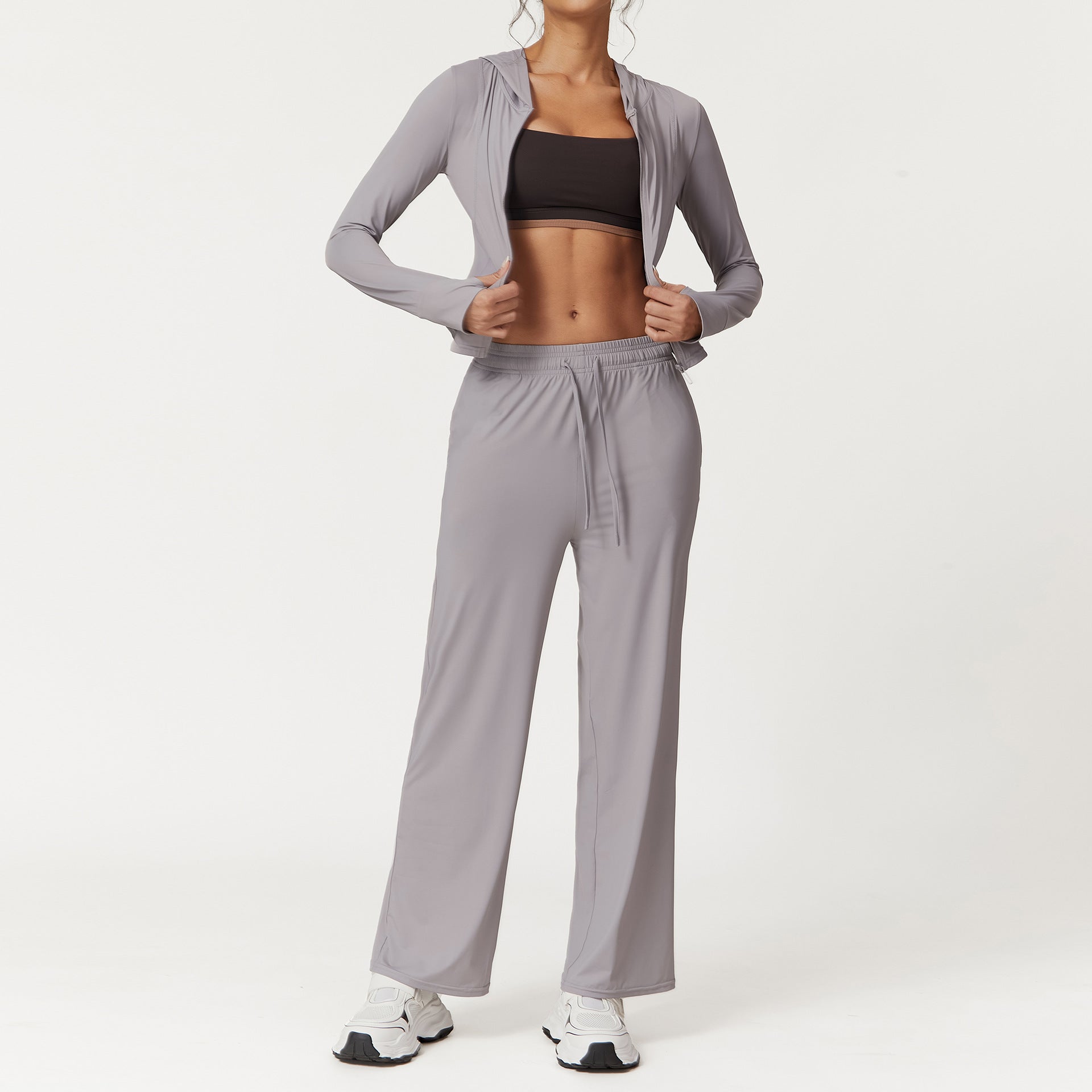 Solid Color Casual Long Sleeves Outfit Top High Waist Wide Leg Pants Exercise Yoga Clothes Suit