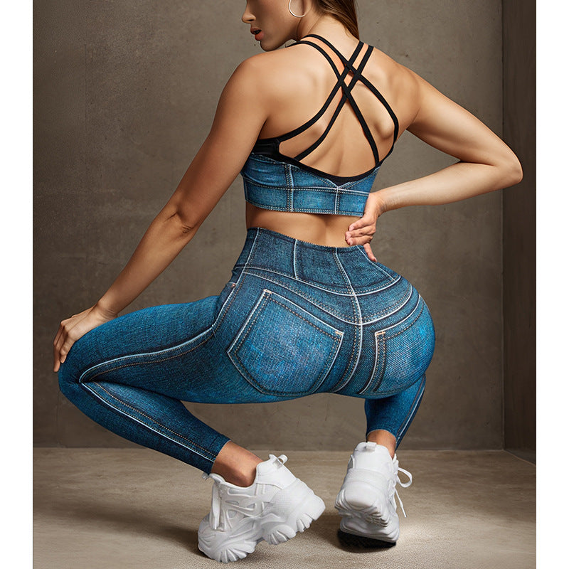 Legging de sport en jean bleu pour la course, le fitness et le yoga. Soutien-gorge sans coutures taille haute, brassière et coussinets.