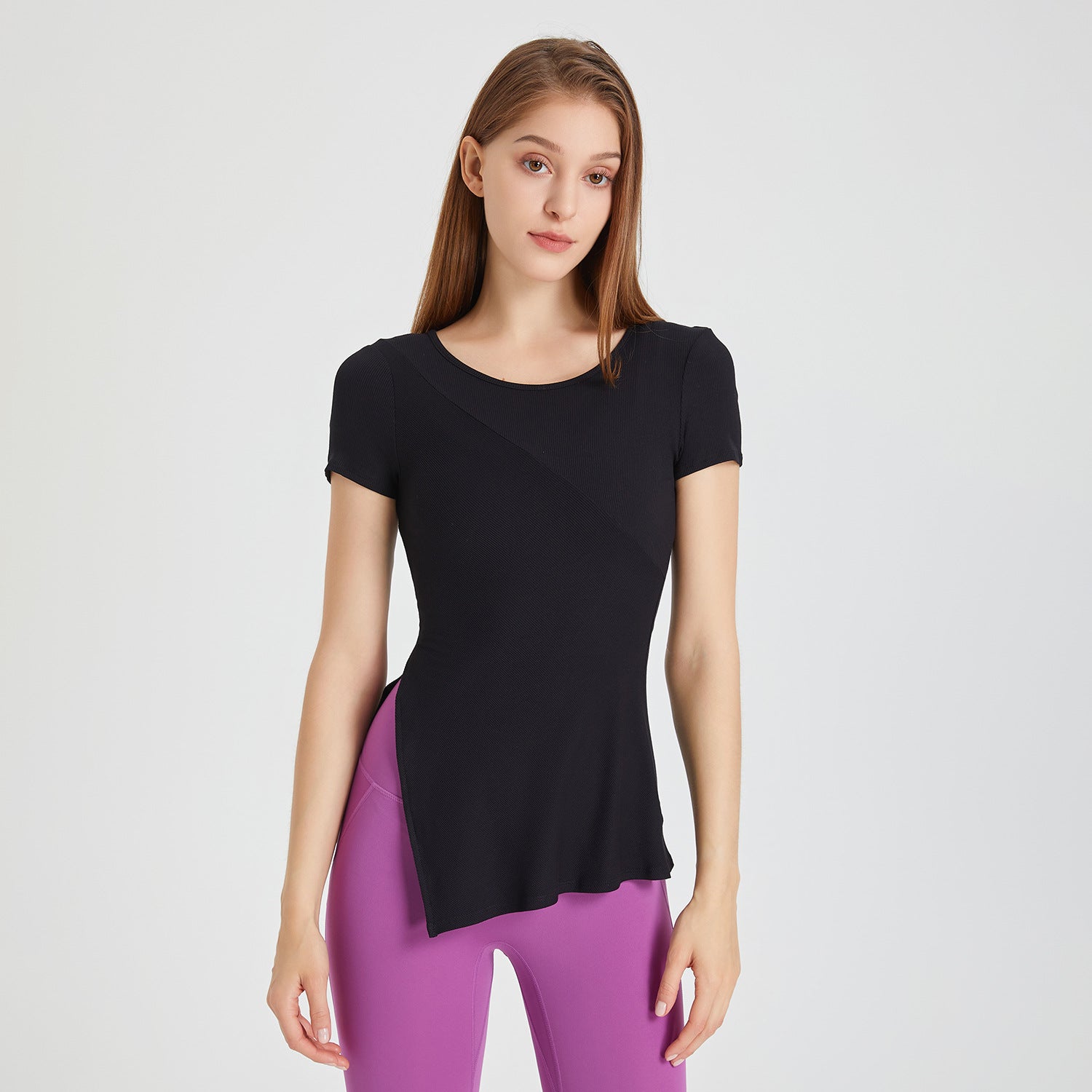 Slim Fit Hem Side Slit Sports Top Women Skinny Yoga Clothes Fitness Short Sleeved Casual Running T Shirt