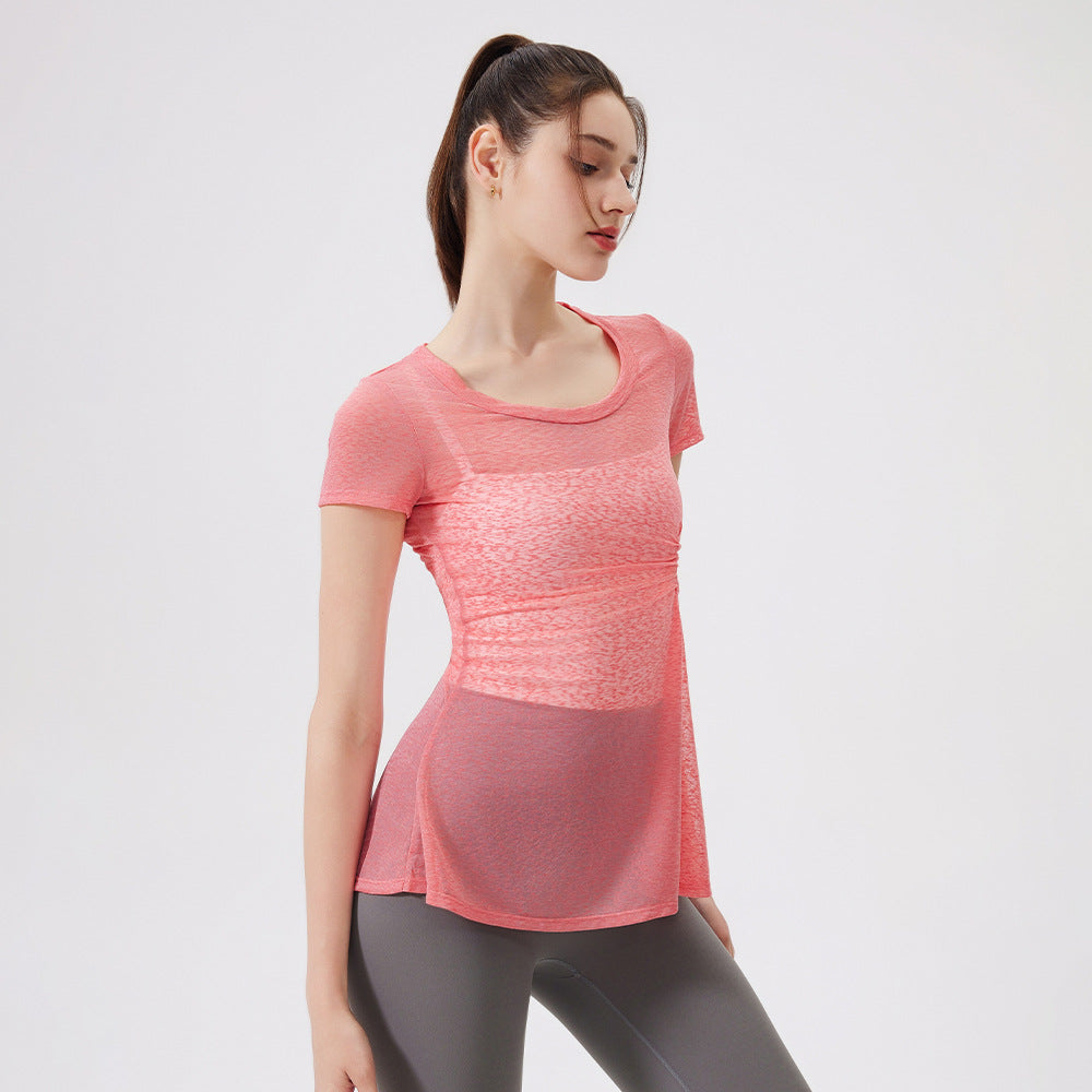 Thin Short Sleeve Slim Fit Breathable Yoga Blouse round Neck Mid Length Waist Fitness Clothes Yoga Clothes Workout Top