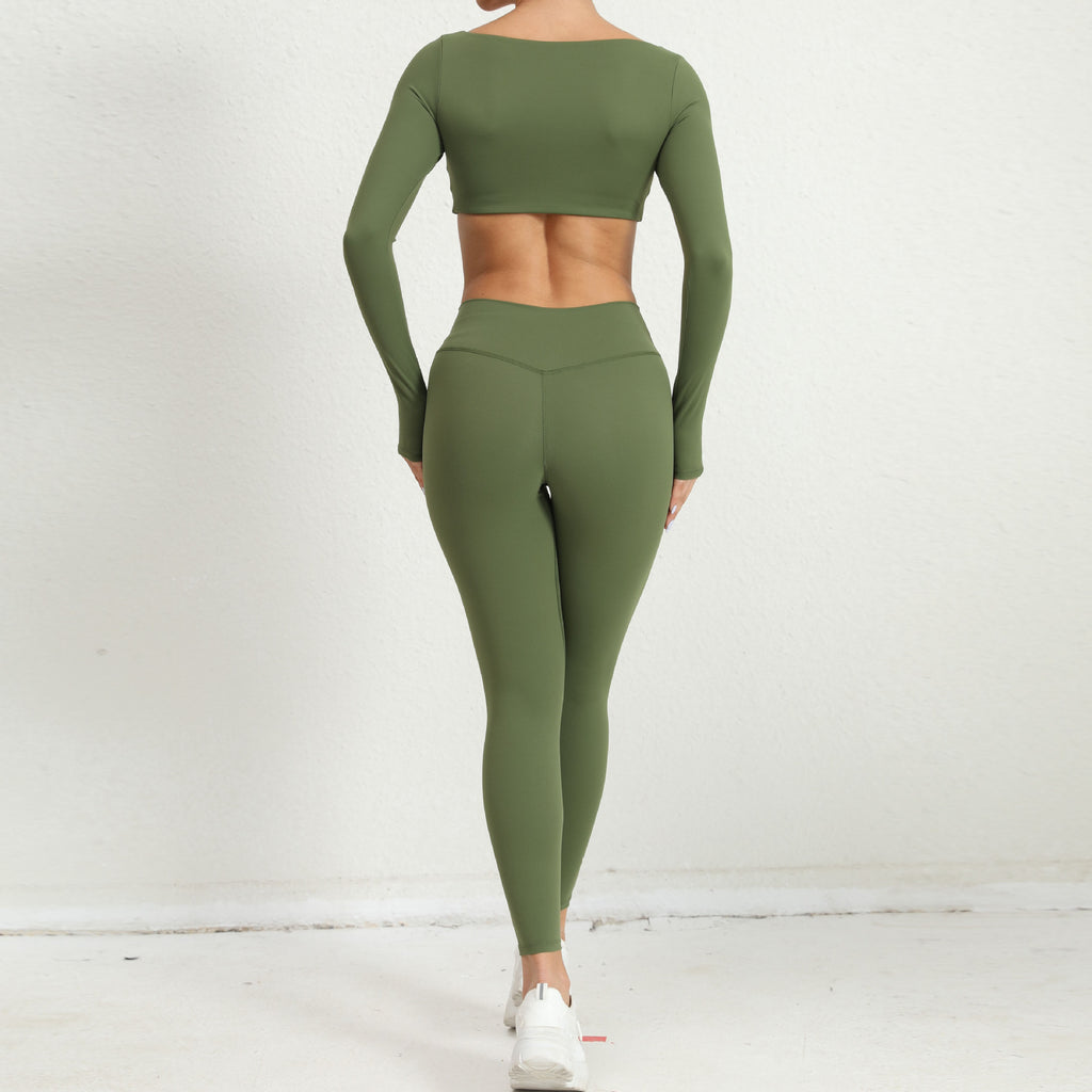 Winter Nude Feel Tight Square Collar Yoga Clothes Suit Outdoor Running Quick Drying Sports Long Sleeve Fitness Two Piece Suit
