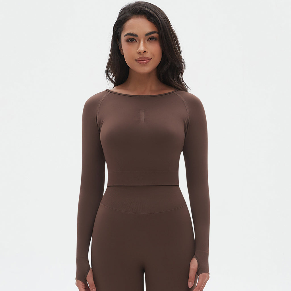 Knitted Solid Color Peach Tight T Shirt Top Fitness Exercise Yoga Clothes Moisture Absorption Body Shaping Long Sleeve Women