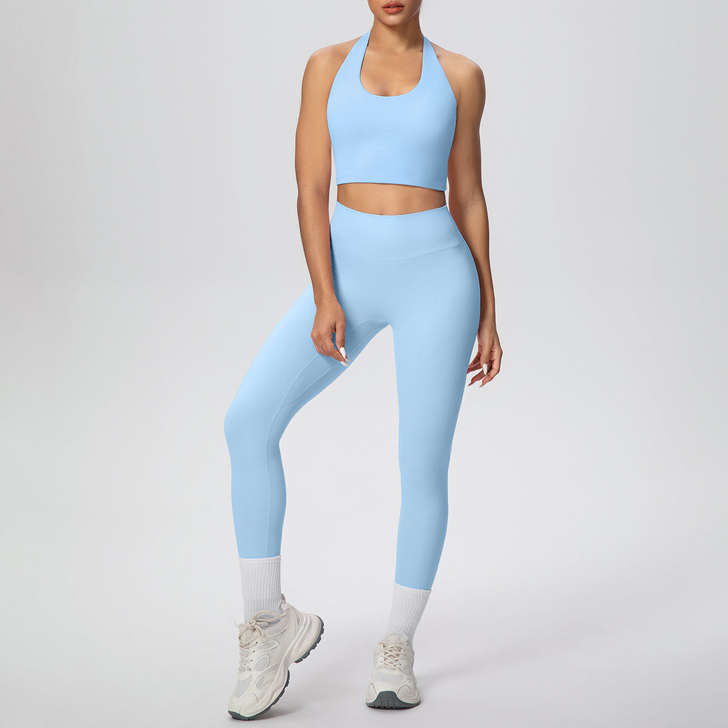 Ensembles deux pièces de yoga et de course à dos nu uni, soutien-gorge de sport, débardeur froncé, pantalon de fitness gainant et pantalon de yoga
