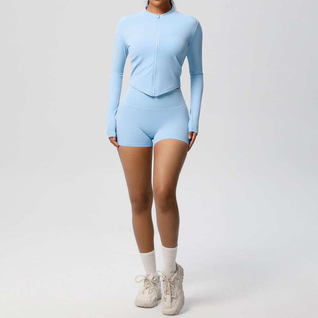 Brushed Nude Feel Slim Shorts Yoga Long Sleeve Zipper Breathable Fitness Running Training Set