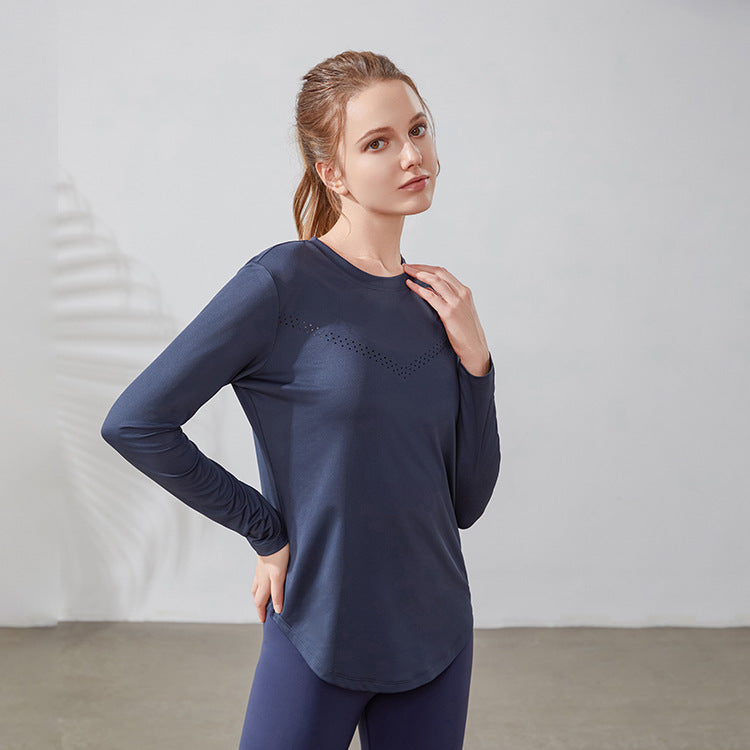 Quick Drying Stretch Skin Friendly Seamless Weaving Yoga Fitness Running T Shirt Sports Loose Breathable Mesh Long Sleeve Women