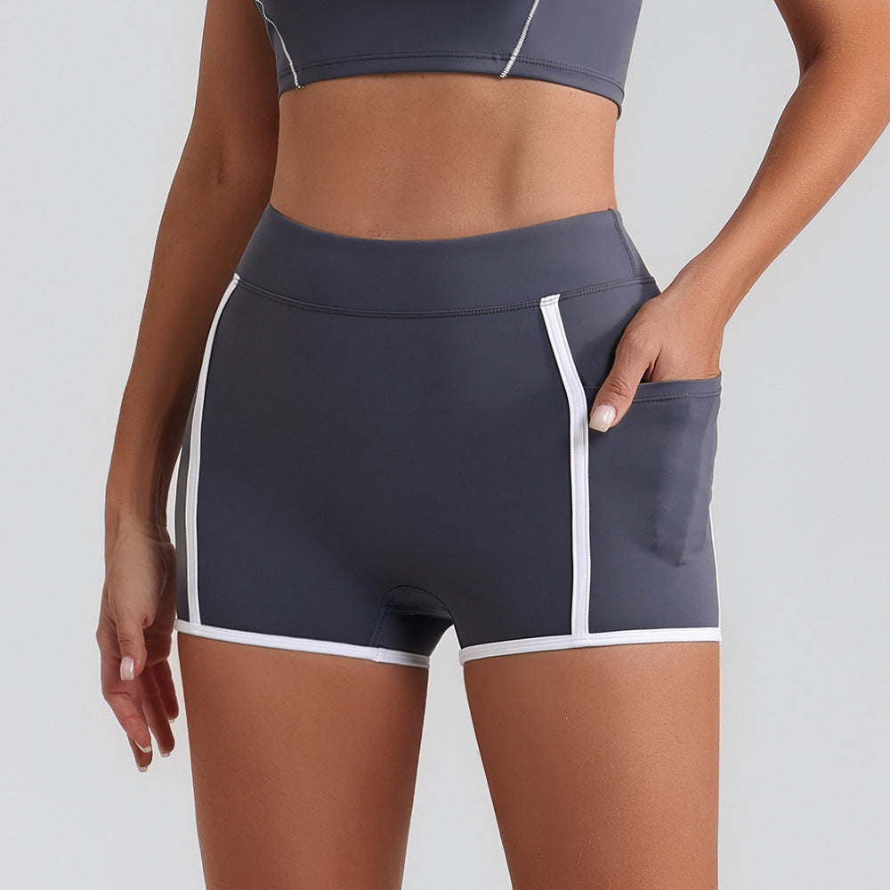 Women Yoga Shorts Pocket Nude Feel High Waist Tight Sports Pants Running Fitness Outer Shorts