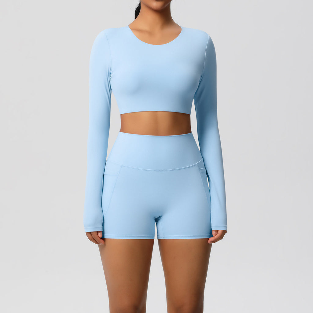 Brushed Chest Pad Yoga Clothes Pocket Shorts Long Sleeve Outdoor Running Fitness Yoga Set