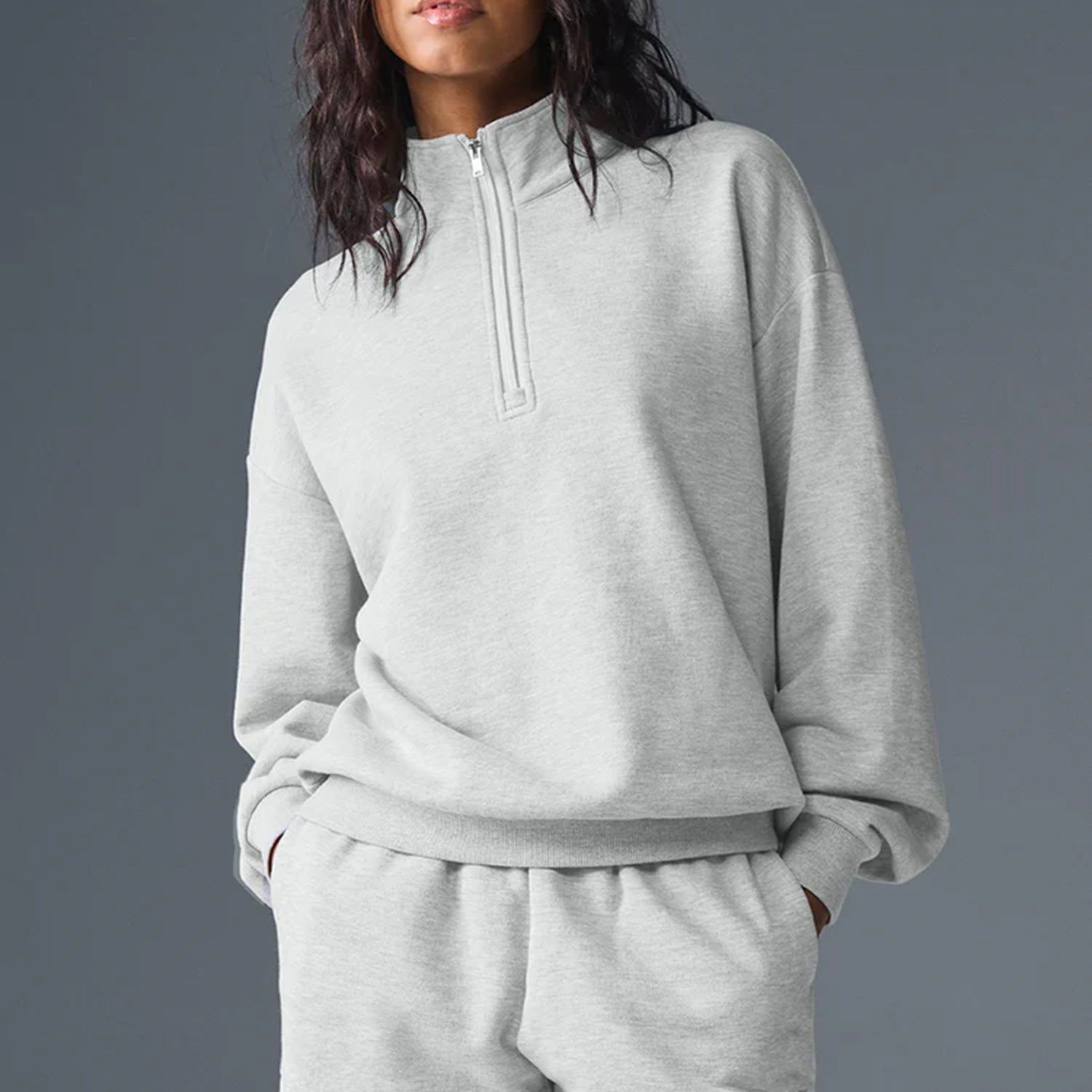 Women Sweater Autumn Half Zipped Stand Collar Embossed Casual Sports Pure Cotton Loose All Matching Top