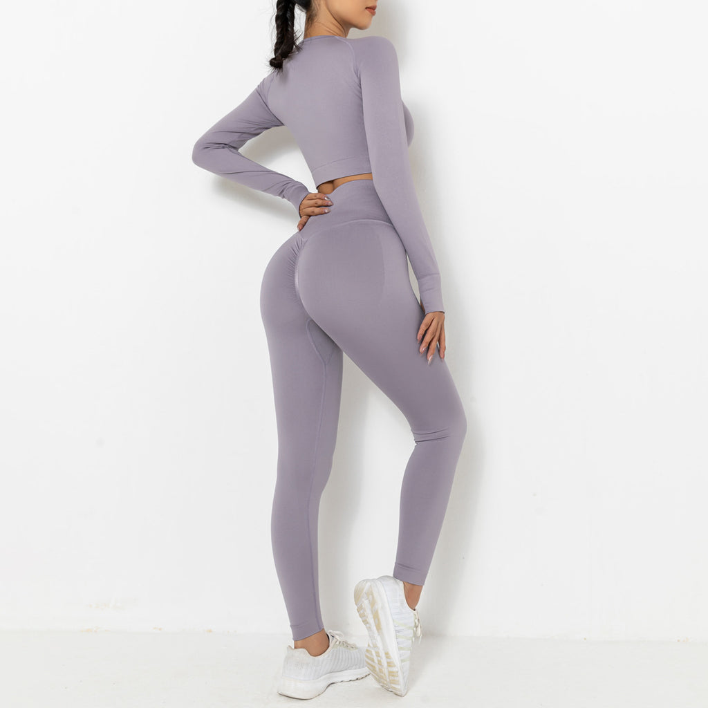 Seamless Knitted Peach Solid Color Hip Long Sleeve Yoga Suit Sports Running Fitness Clothes Women