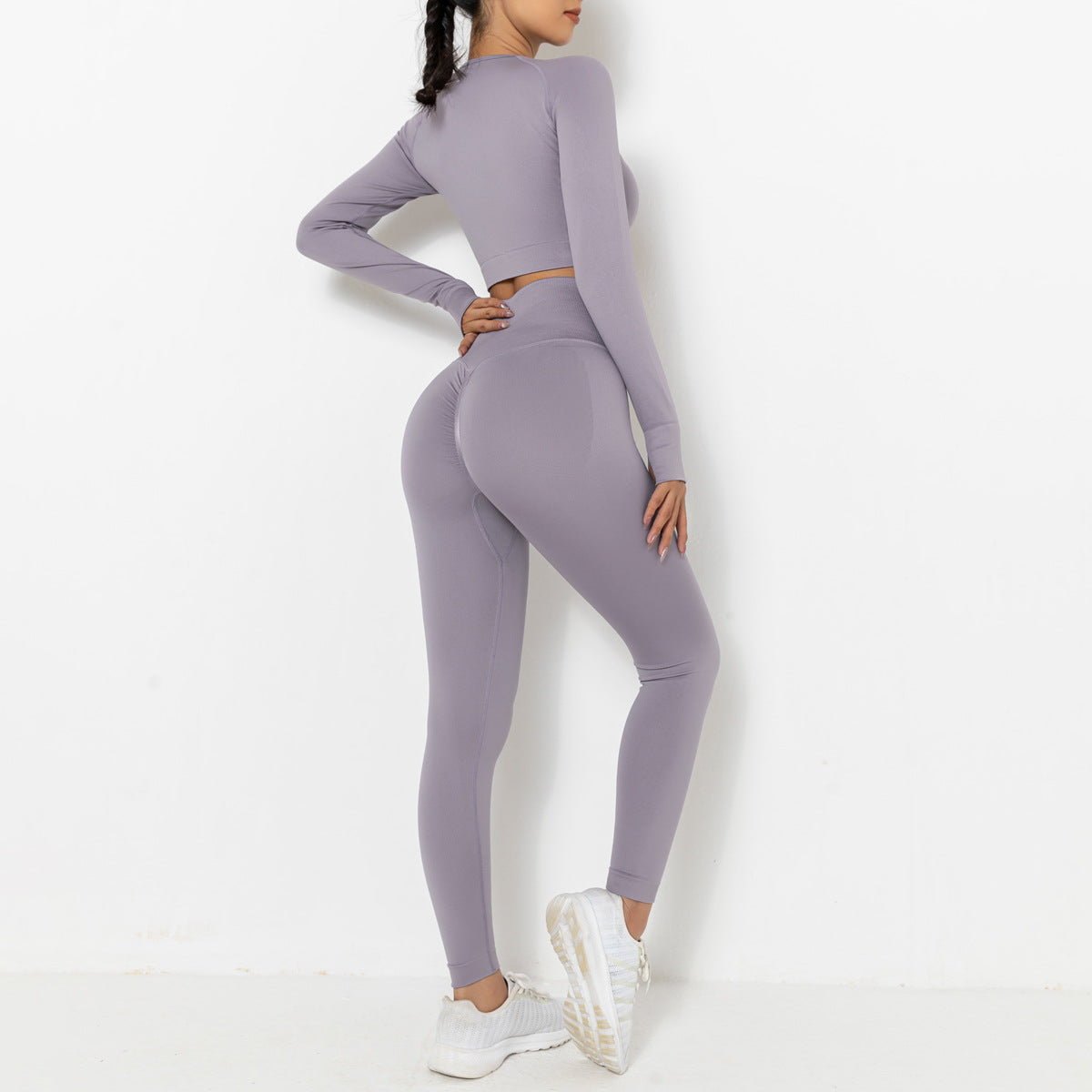 Seamless Knitted Peach Solid Color Hip Long Sleeve Yoga Suit Sports Running Fitness Clothes Women