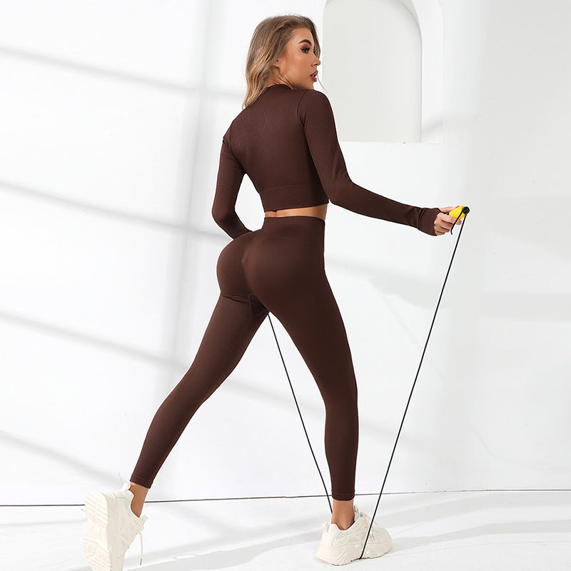 Yoga Fitness Suit Sports Long Sleeved Jacket Yoga Clothes Tight High Waist Stretch Peach Hip Trousers