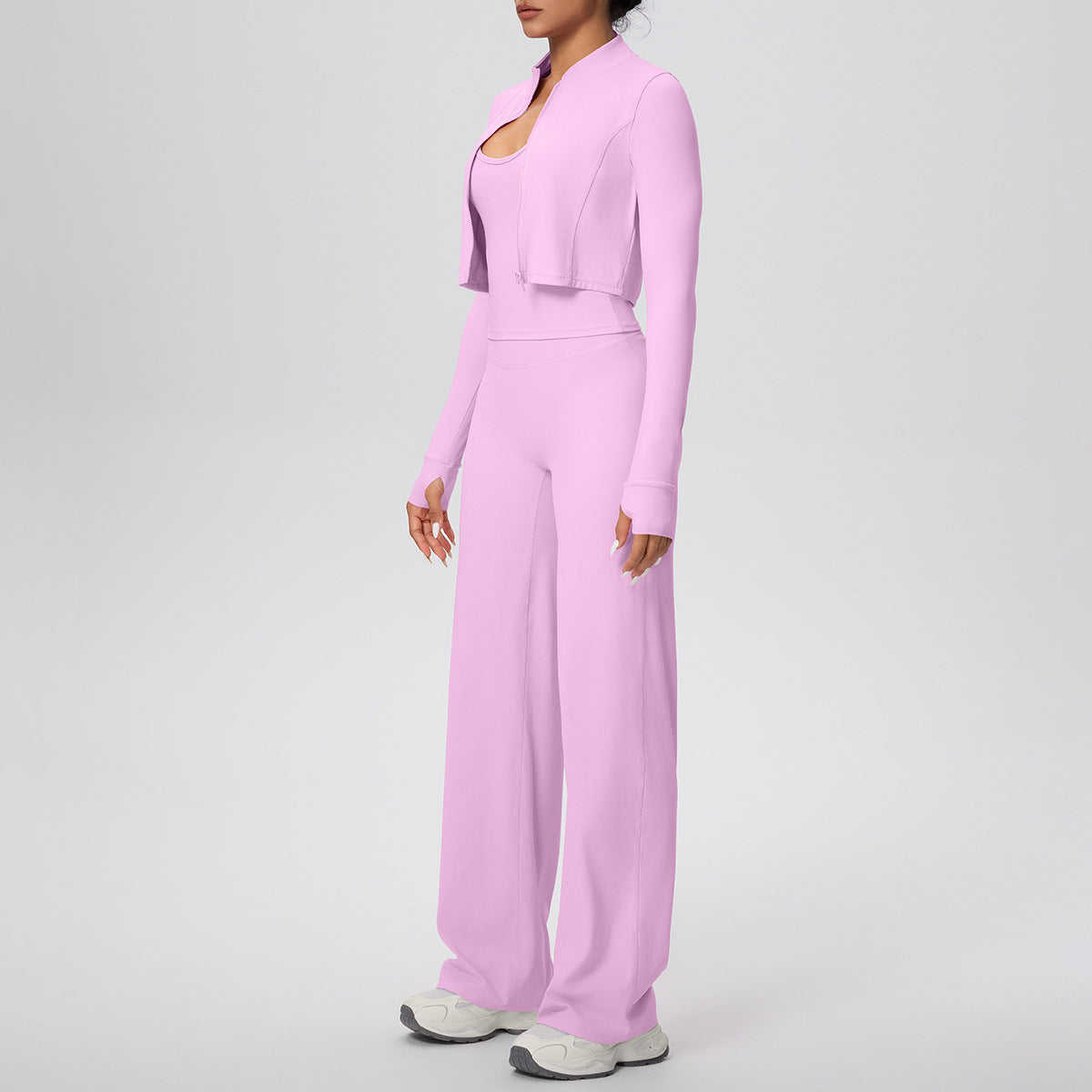 Solid Color Sports Zip Long Sleeve Coat Strap Vest Baggy Straight Trousers Workout Clothes Yoga Three Piece Set