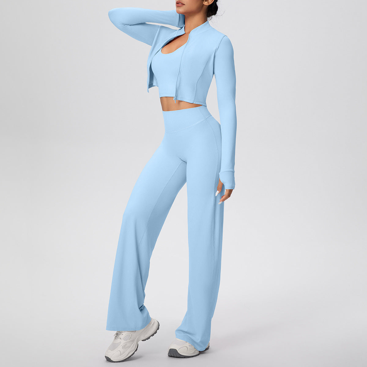 Solid Color Sports Zip Long Sleeve Coat Halterneck Vest Baggy Straight Trousers Workout Clothes Yoga Three Piece Suit