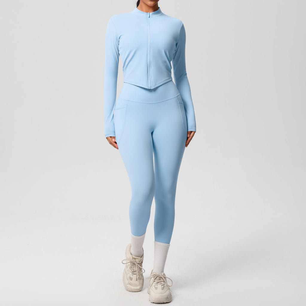 Solid Color Zip Long Sleeve Coat High Elastic Breathability Close Fitting Body Shaping Yoga Clothes Fitness Pants Set Women