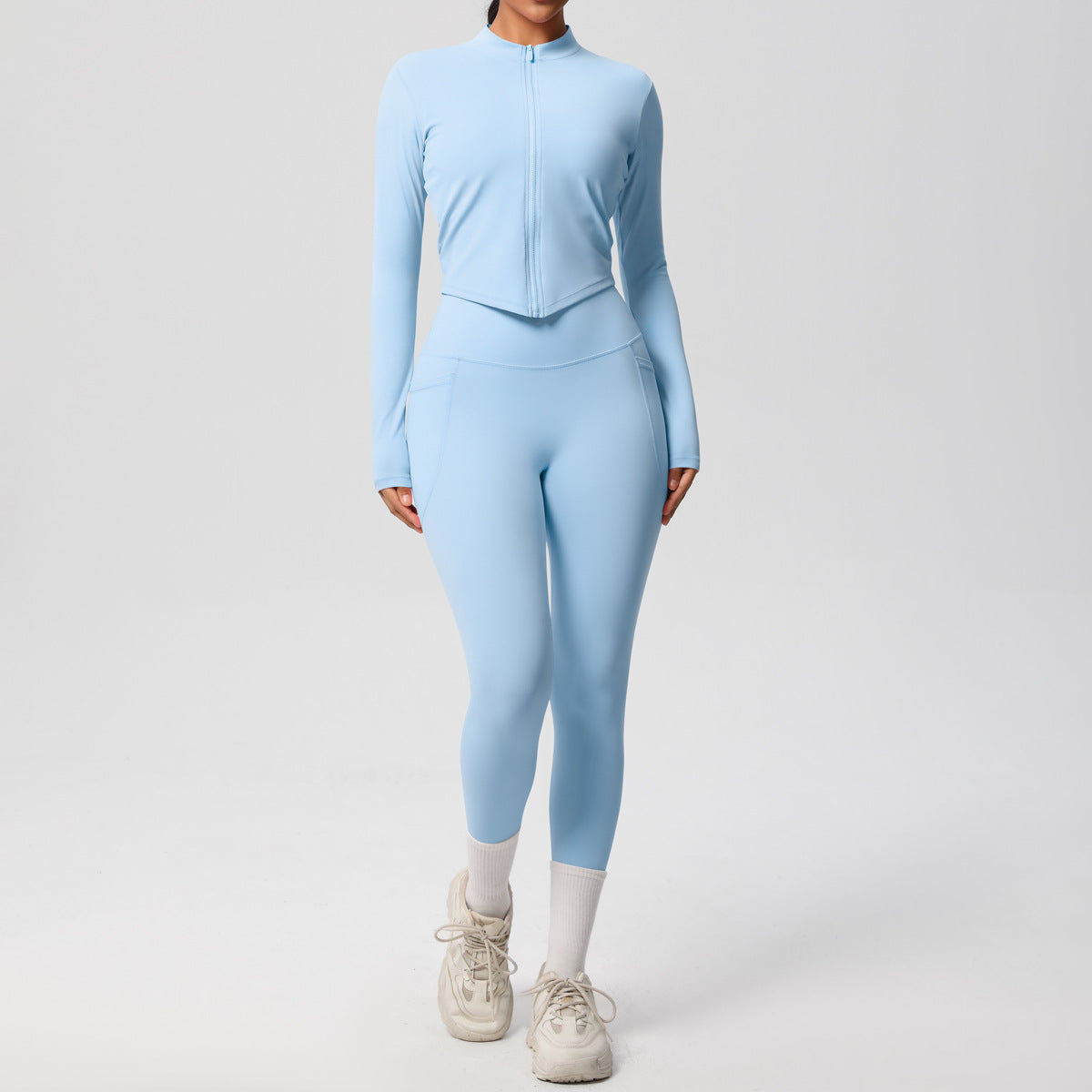 Solid Color Zip Long Sleeve Coat High Elastic Breathability Close Fitting Body Shaping Yoga Clothes Fitness Pants Set Women