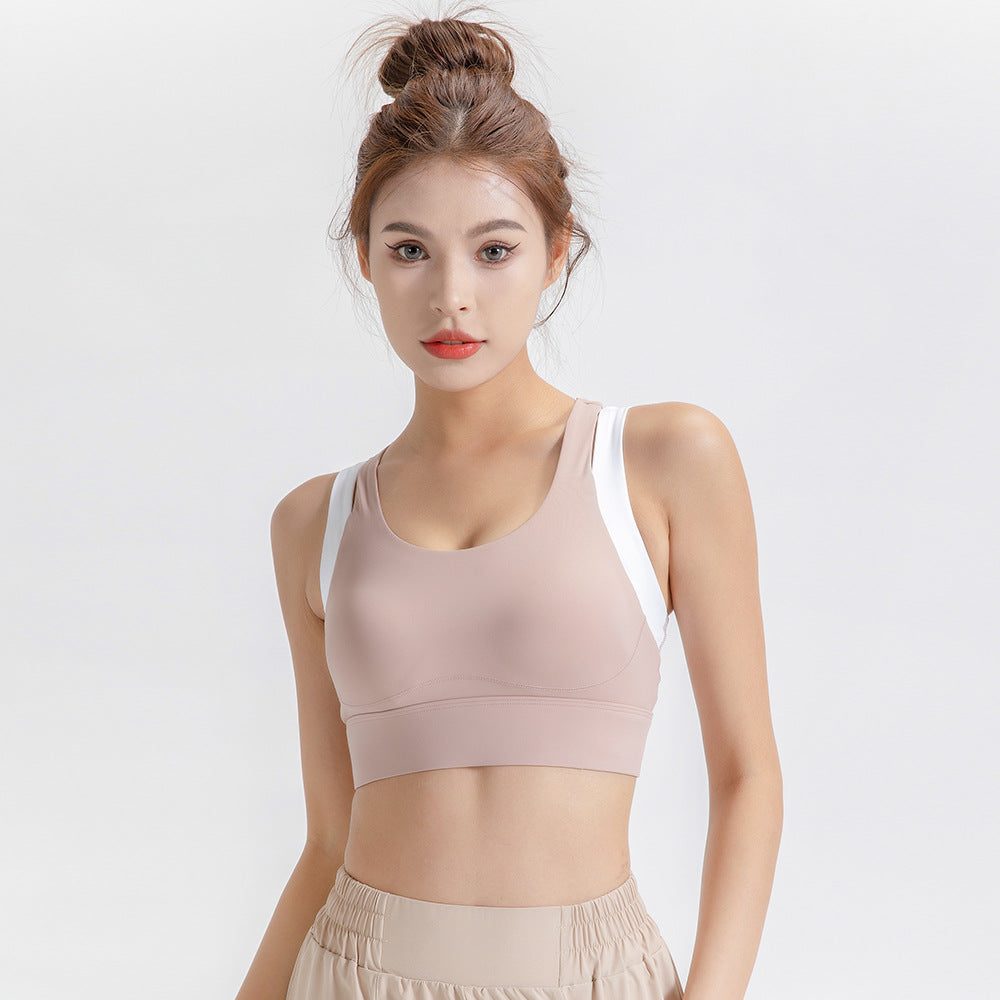 Contrast Color Sports Yoga Shockproof Faux Two Piece Bra Fixed Chest Pad H Shaped Beauty Back Underwear Women Workout Top