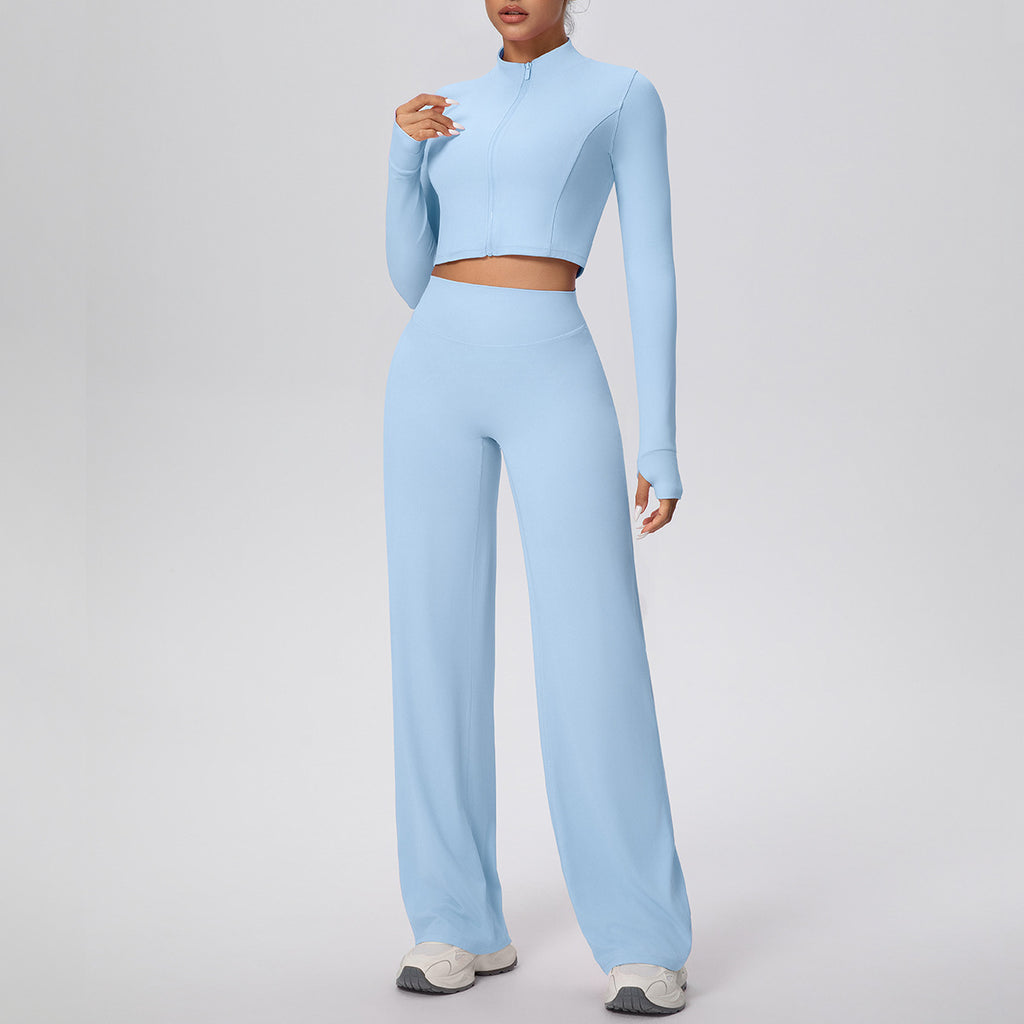 Micro Brushed Solid Color Zipper Jacket Sports Long Sleeve Running Baggy Straight Trousers Fitness Yoga Wear Suit Women