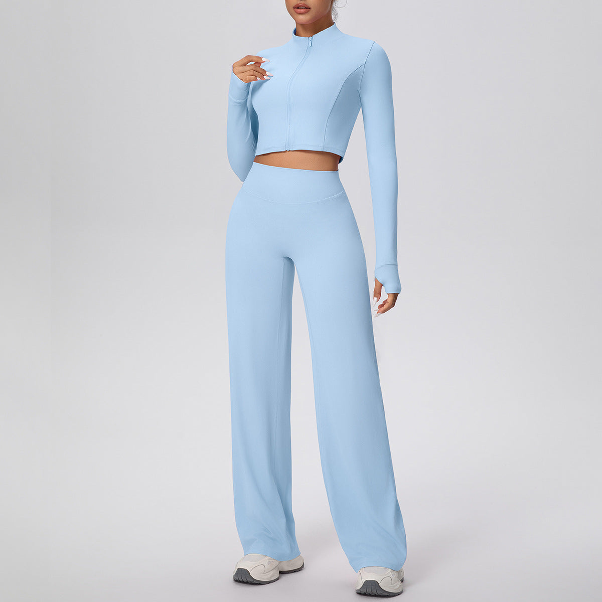 Micro Brushed Solid Color Zipper Jacket Sports Long Sleeve Running Baggy Straight Trousers Fitness Yoga Wear Suit Women