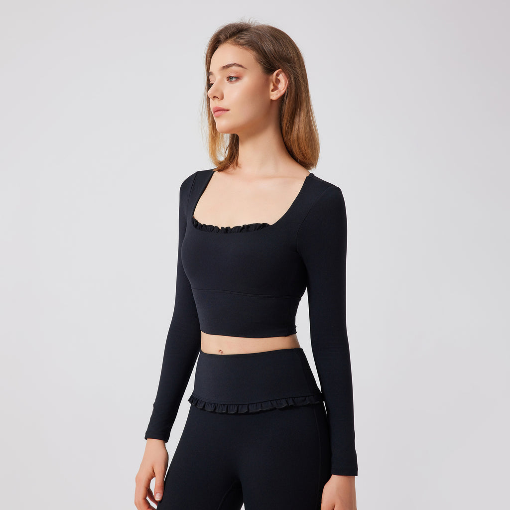 Autumn Winter Nude Feel Lace Yoga Clothes Long Sleeve Semi Fixed Cup Running Slim Sports Bra Breathable Workout Clothes Top