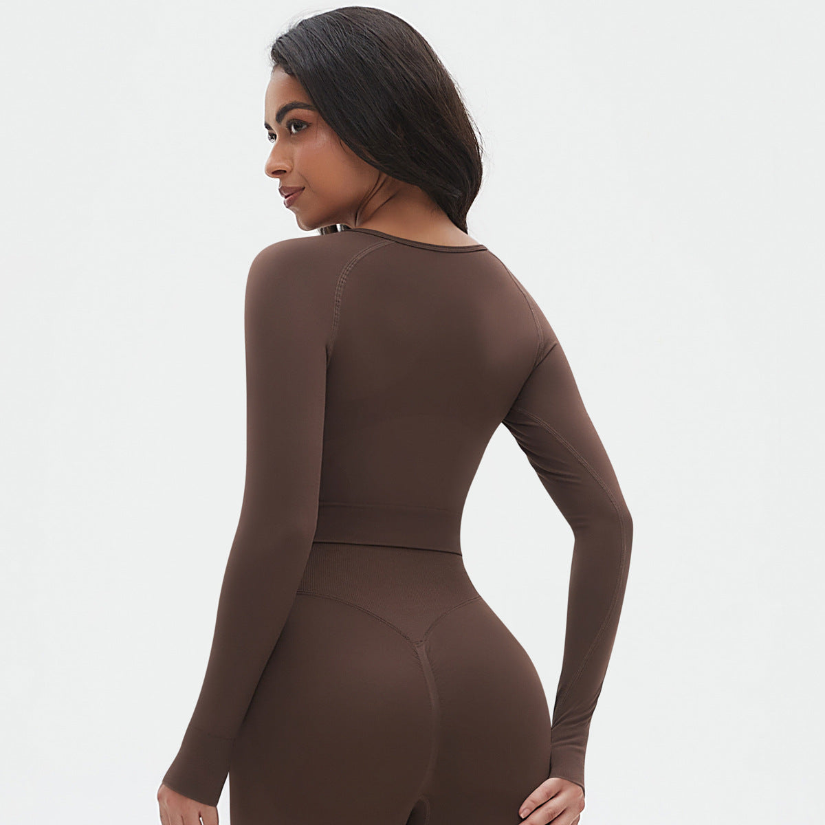 Knitted Solid Color Peach Tight T Shirt Top Fitness Exercise Yoga Clothes Moisture Absorption Body Shaping Long Sleeve Women