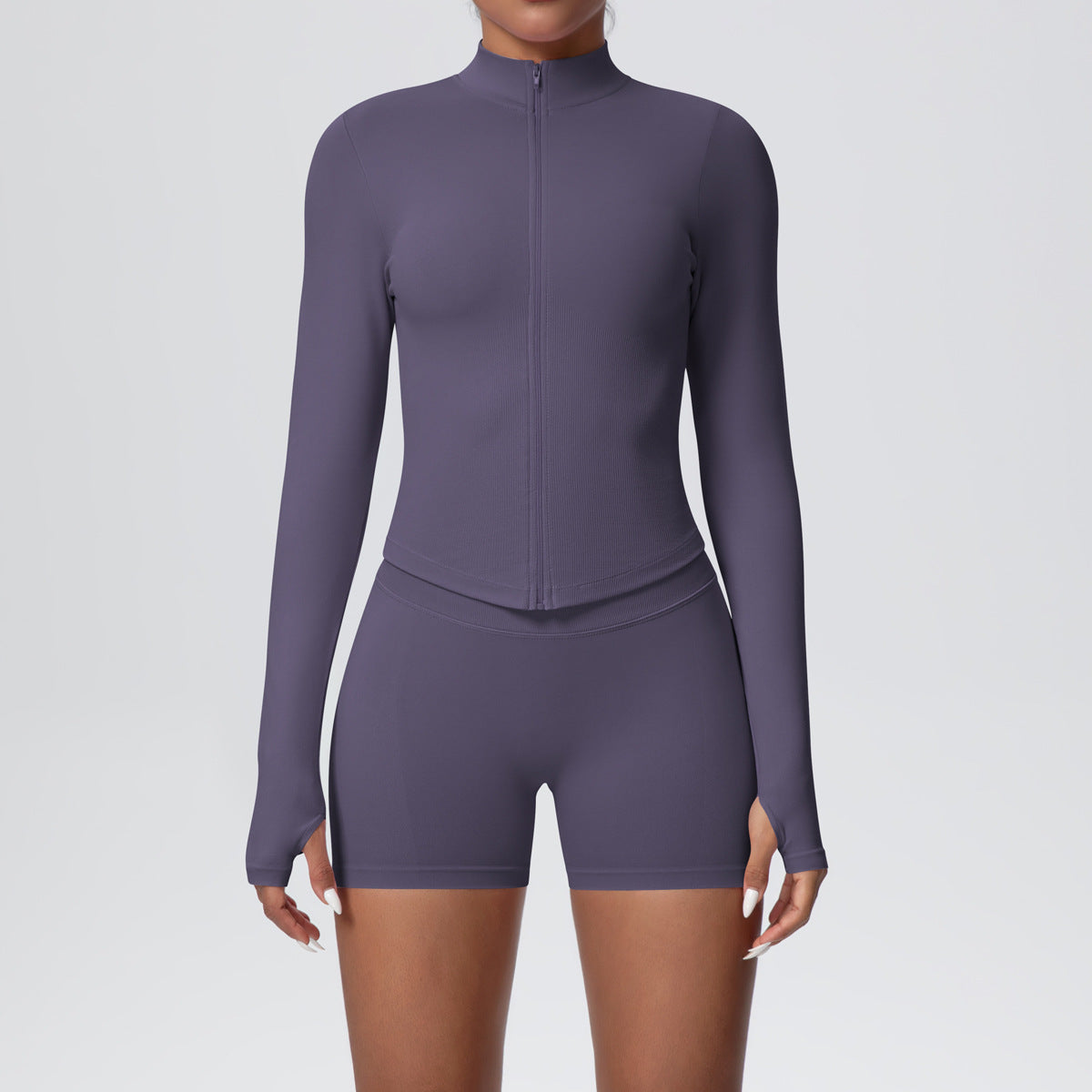 Ensemble de yoga pour femme : veste de yoga moulante à col montant, manches longues et fermeture éclair, short de yoga moulant à séchage rapide et col montant, idéal pour le fitness et le yoga.