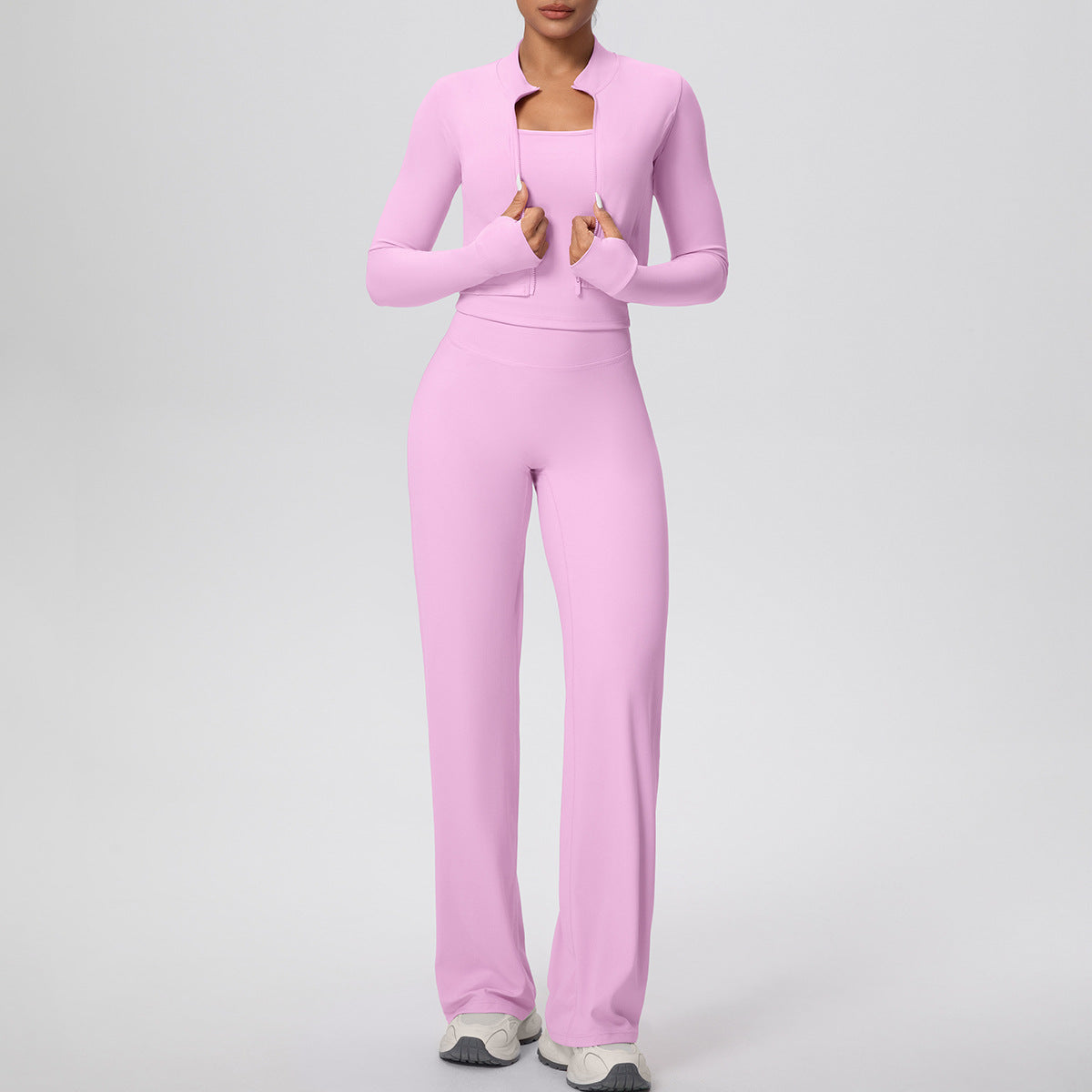 Solid Color Zip Long Sleeve Coat H Shaped Beauty Back Vest Baggy Straight Trousers Workout Clothes Yoga Three Piece Suit