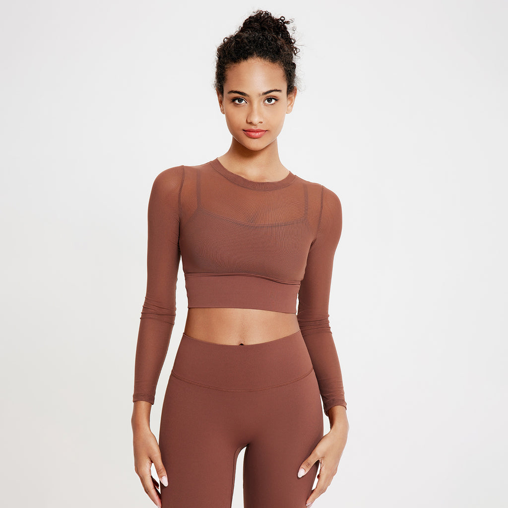 Sexy Mesh round Neck Yoga Clothes Long Sleeve Running Quick Drying Sports Bra One Piece Cup Workout Clothes Top