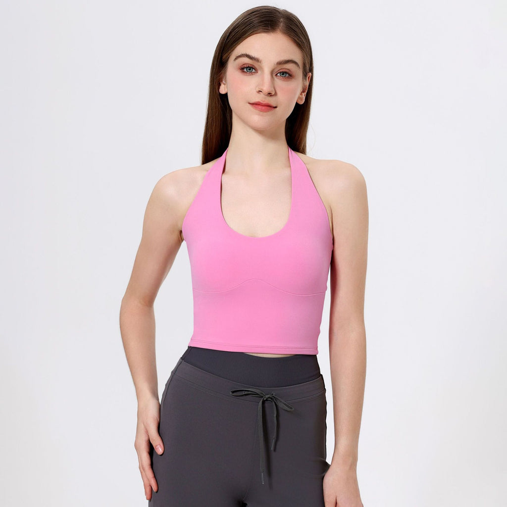 Chaleco de yoga con cordones y cuello halter para mujer, sujetador de espalda de belleza sexy de alta calidad, chaleco de fitness ajustado de verano