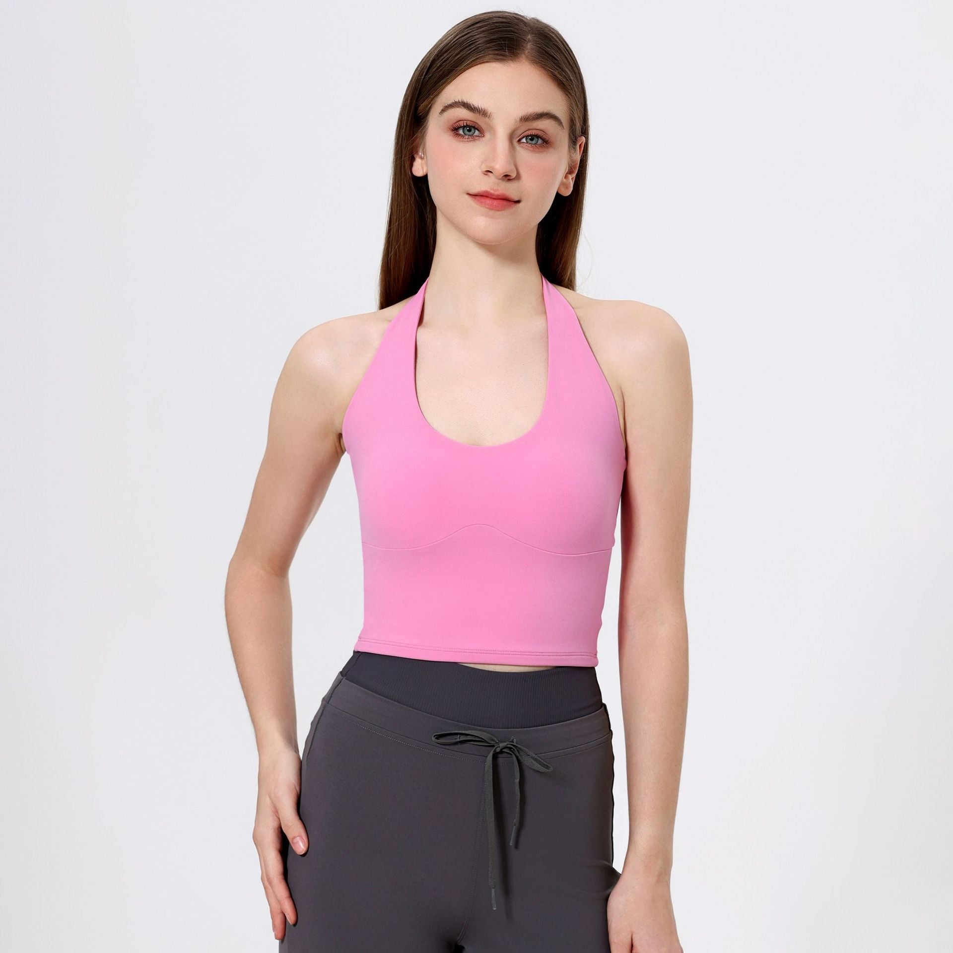 Chaleco de yoga con cordones y cuello halter para mujer, sujetador de espalda de belleza sexy de alta calidad, chaleco de fitness ajustado de verano