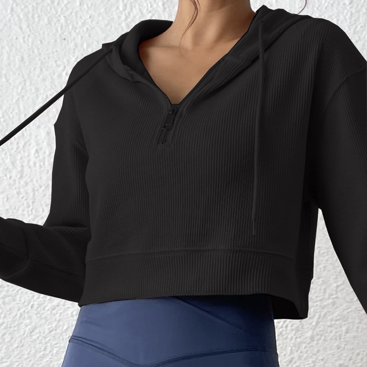 Spring Pink Waffle Hooded Half Zipper Sweater Women Sports Loose Slimming Top