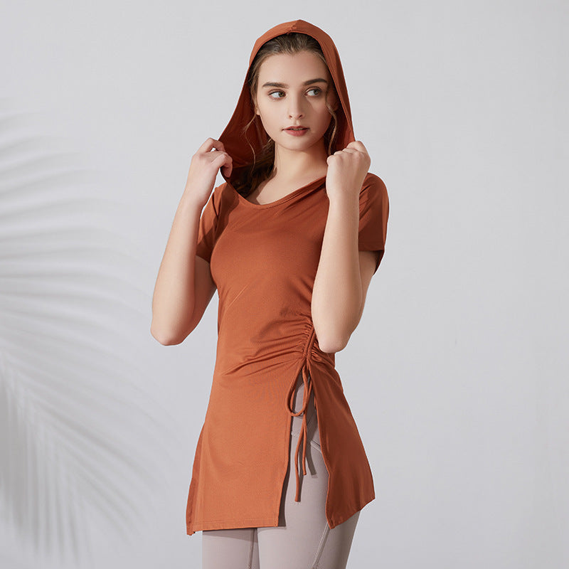 Slim Fit Thin Fitness Clothes Women Hooded Short Sleeved Sports T Shirt Quick Drying Top Long Thigh Length Yoga Clothes Women
