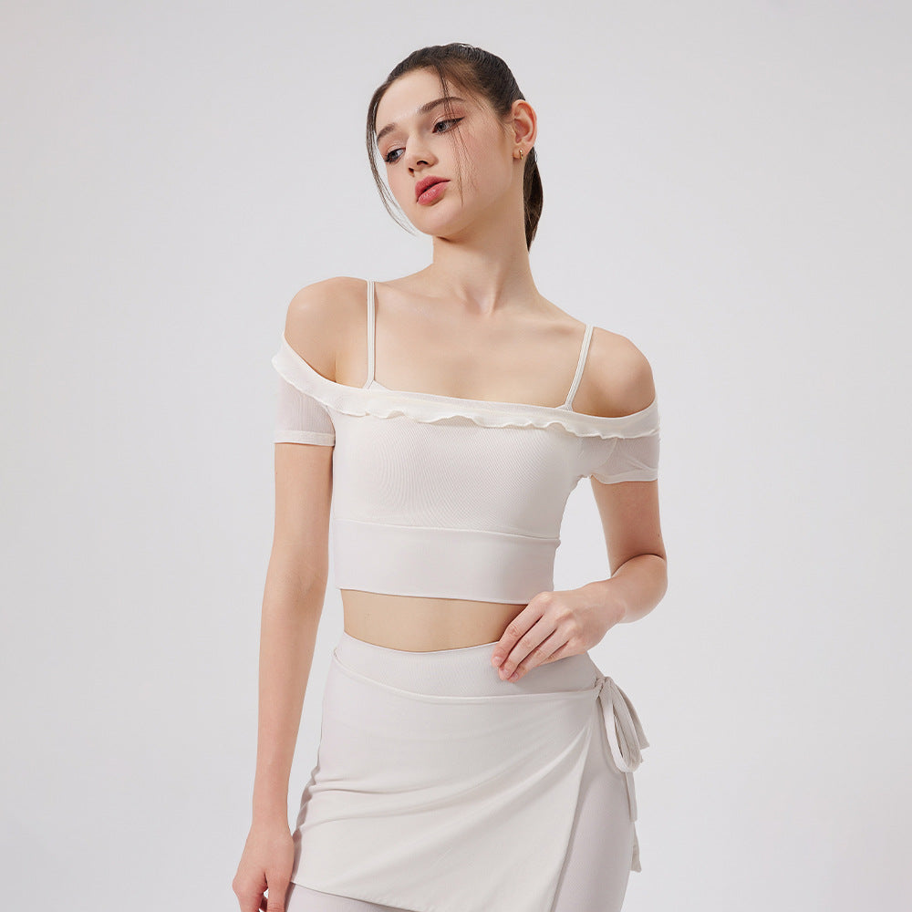 Ropa de yoga de malla de encaje sexy, sujetador deportivo de manga corta para correr de secado rápido con almohadilla para el pecho, ropa de entrenamiento de una pieza con copa