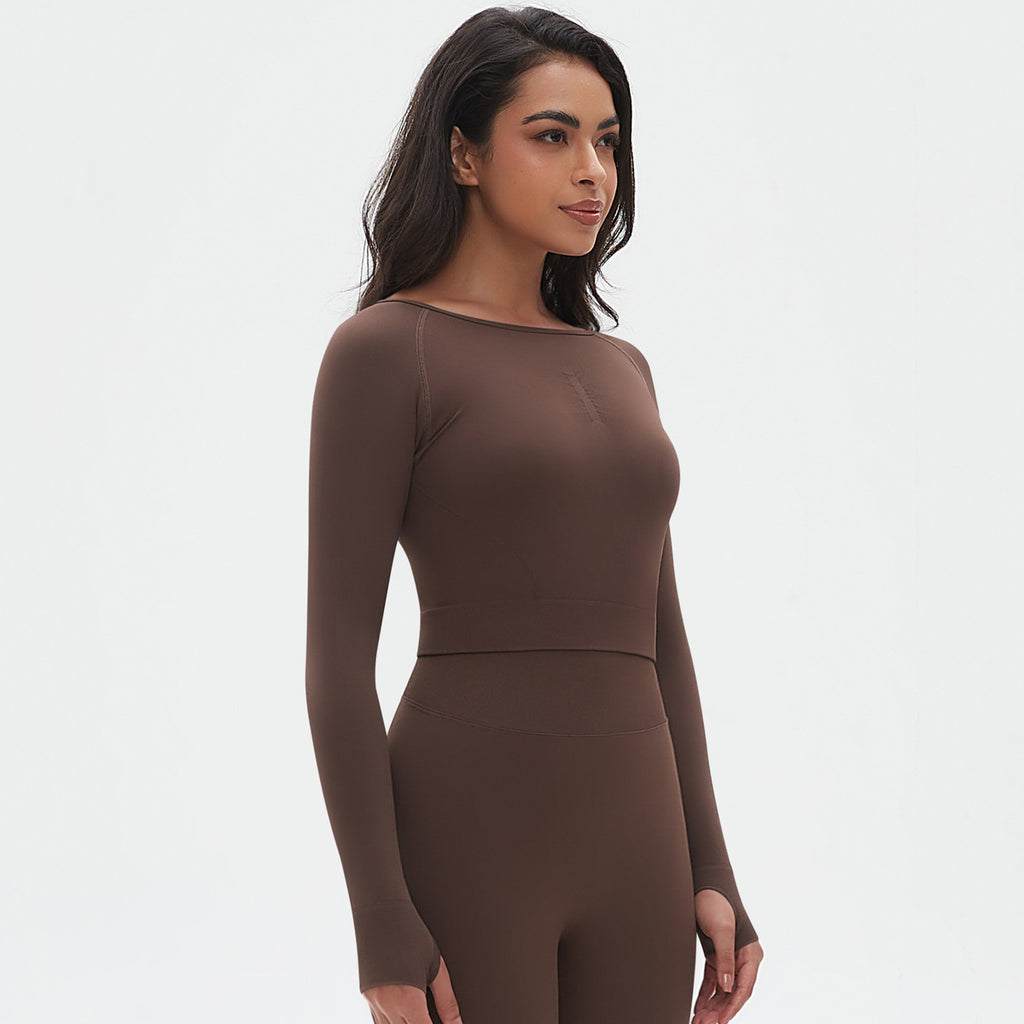 Knitted Solid Color Peach Tight T Shirt Top Fitness Exercise Yoga Clothes Moisture Absorption Body Shaping Long Sleeve Women