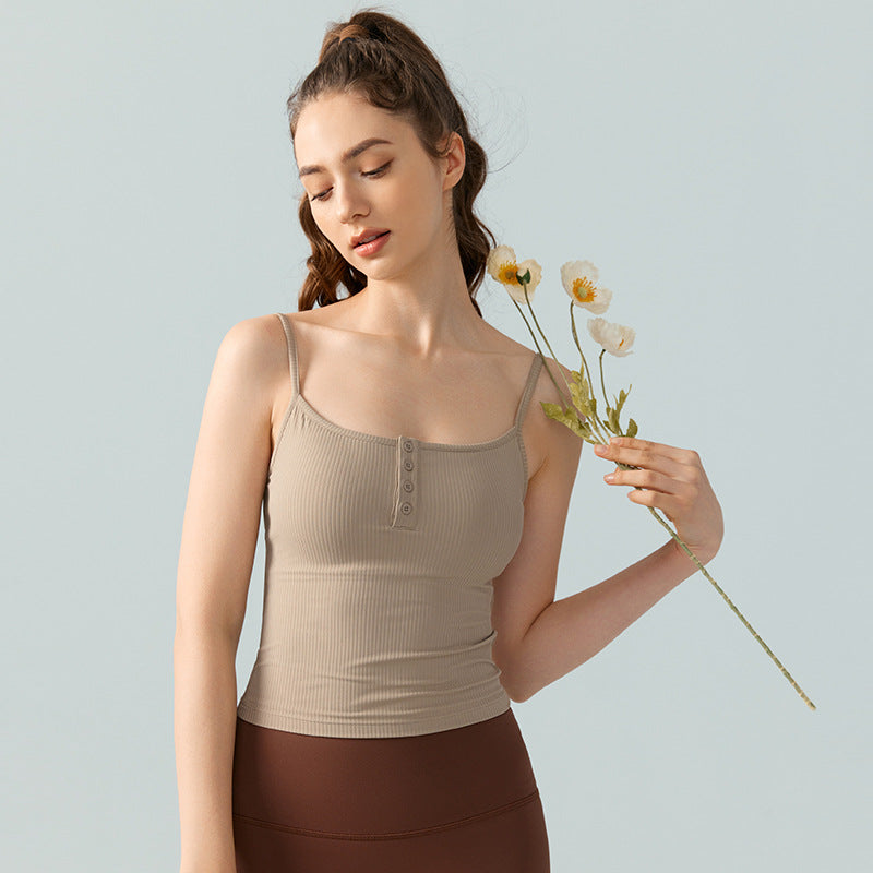 Sweet Spicy Button Workout Clothes Vest Sexy Anti Exposure Yoga Clothes Vest With Chest Pad Women All Match Outer Wear Vest