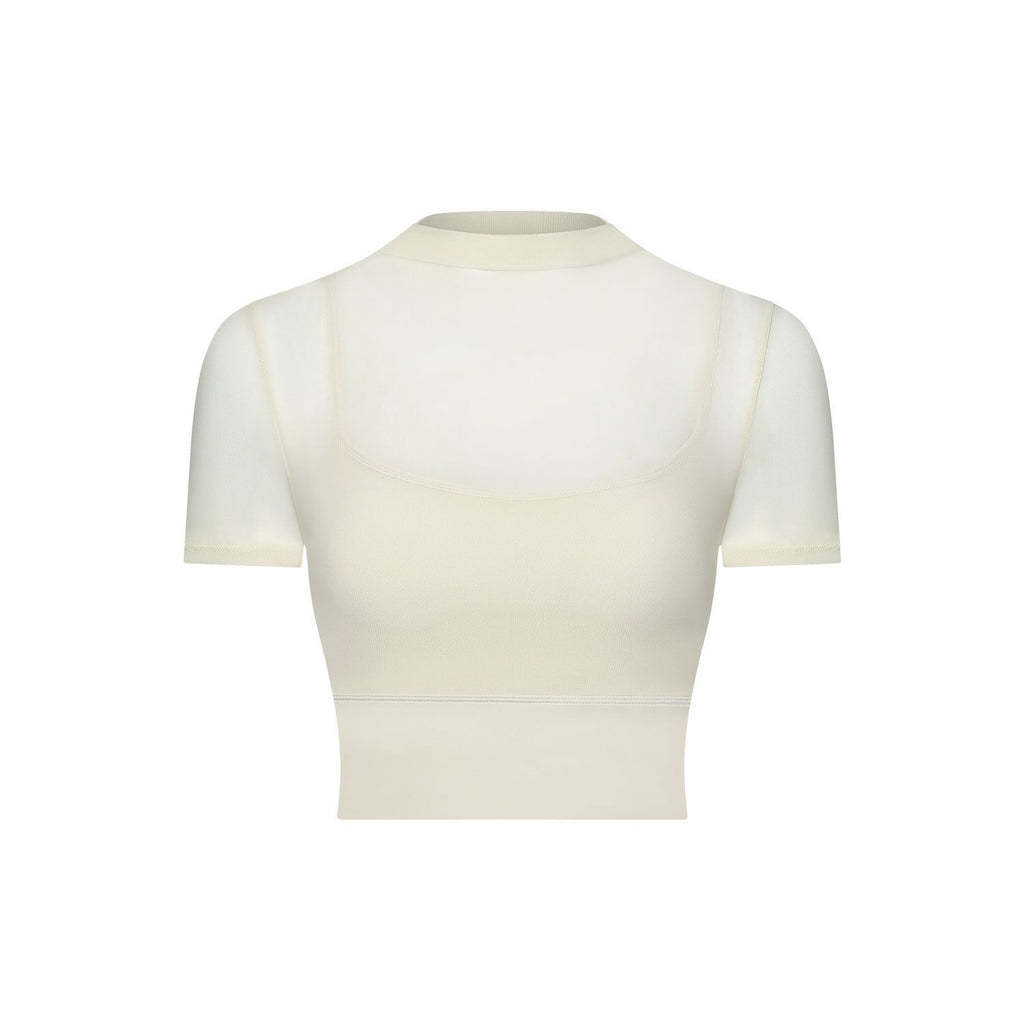 Sexy Mesh Yoga Clothes Short Sleeve Running Quick Drying Sports Bra with Chest Pad One Piece Cup Workout Clothes Top