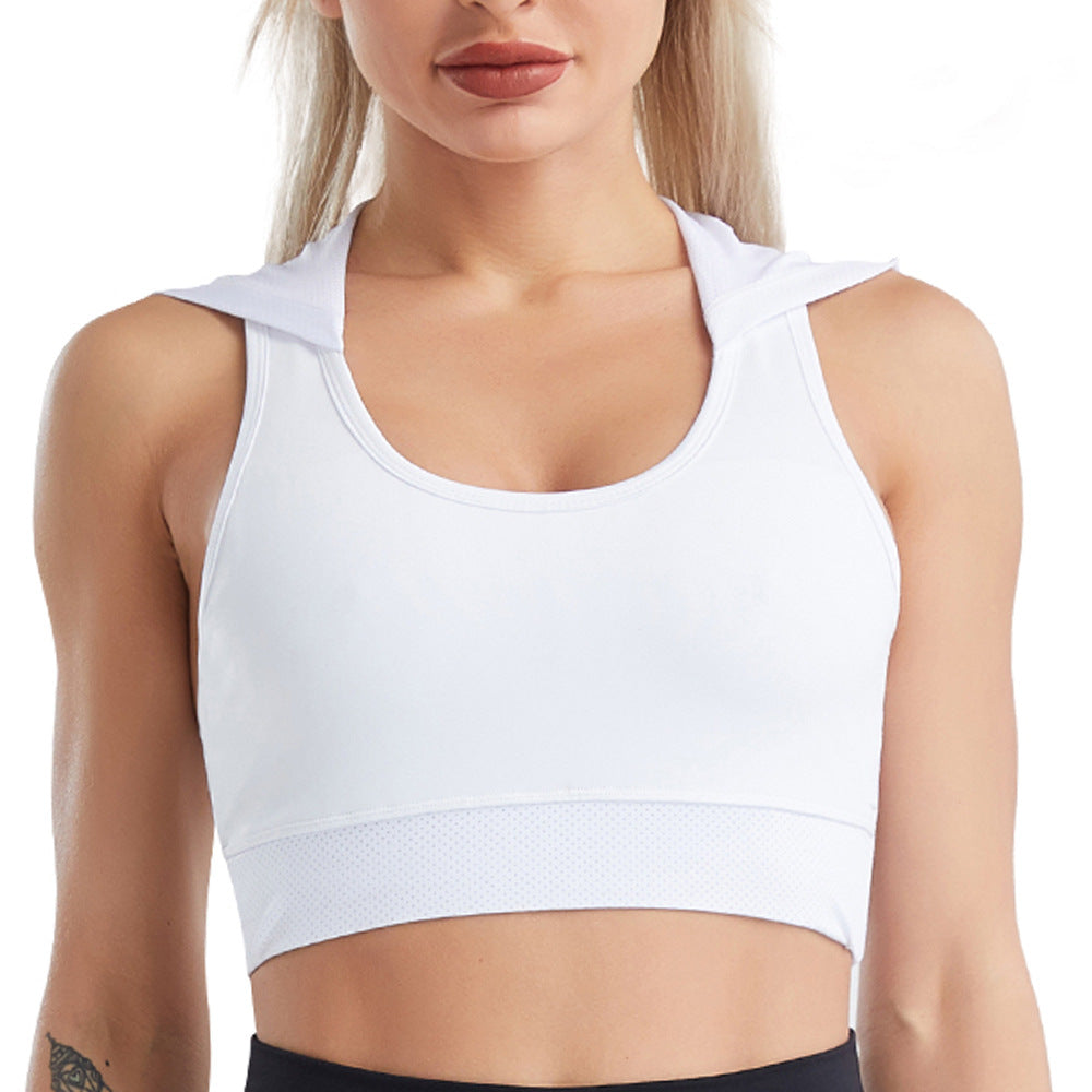 Ropa de yoga con capucha para mujer, sujetador de entrenamiento de secado rápido con tacto nude, chaleco de ejercicio para correr con efecto push up a prueba de golpes