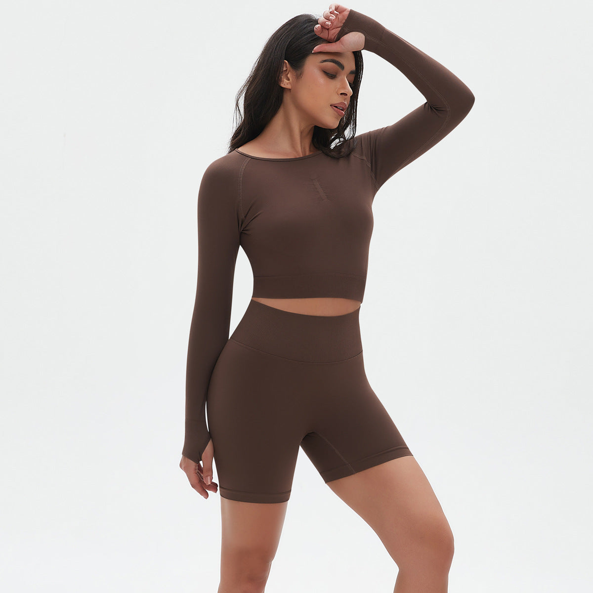 Long Sleeve Shorts Suit-Brown