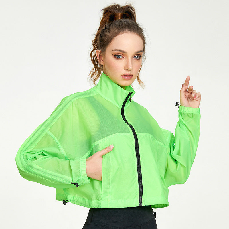 Nylon Zipped Stand Collar Training Sun Protection Workout Clothes Jacket Casual Loose Cardigan Running Fitness Yoga Wear