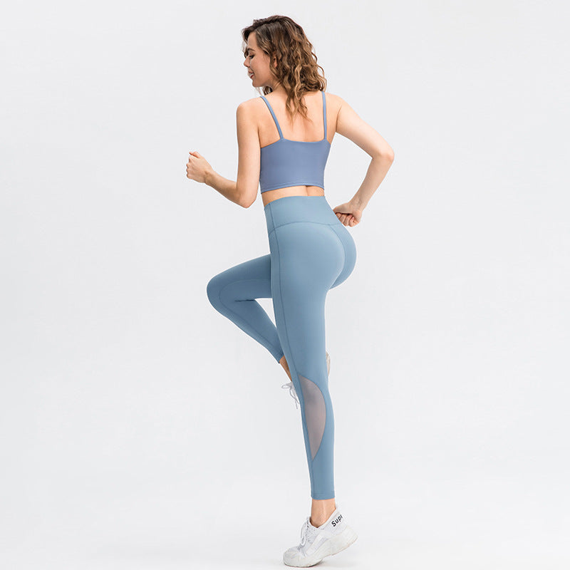 Double Sided Brushed Yoga Pants Women Nude High Waist Tight Fitness Pants Mesh Breathable Sports Trousers