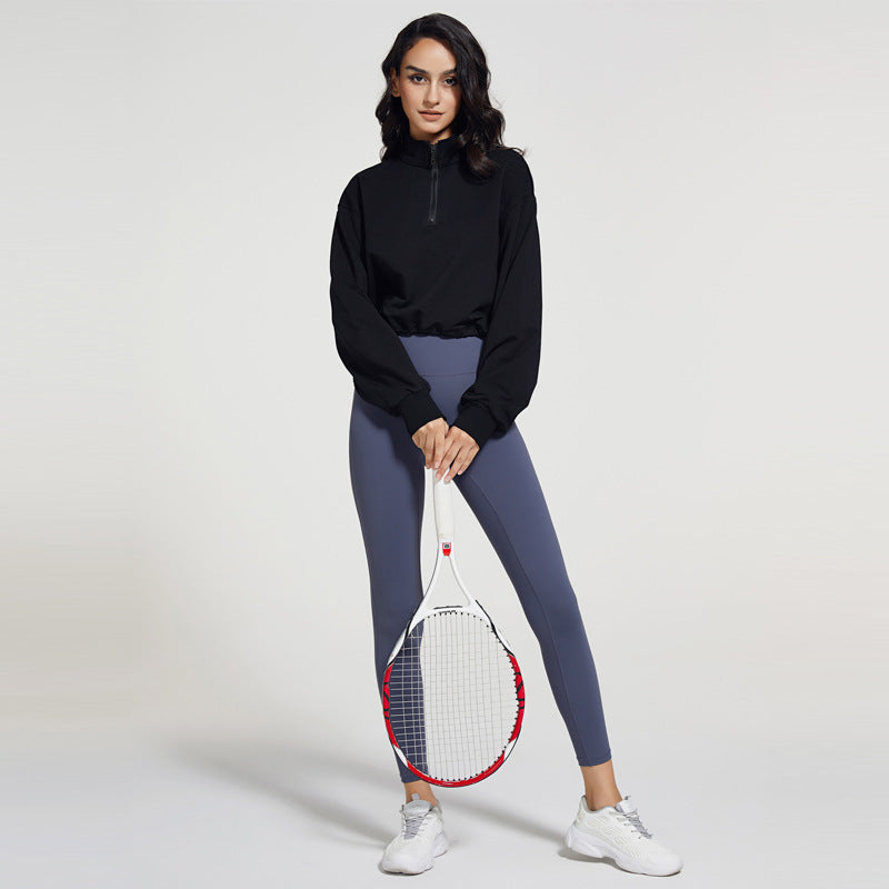 Autumn Long Collar Fitness Sports Sweater Women Loose Zip Drawstring Long Sleeve Yoga Wear Top T shirt