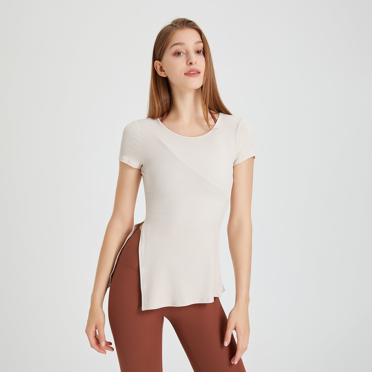 Slim Fit Hem Side Slit Sports Top Women Skinny Yoga Clothes Fitness Short Sleeved Casual Running T Shirt