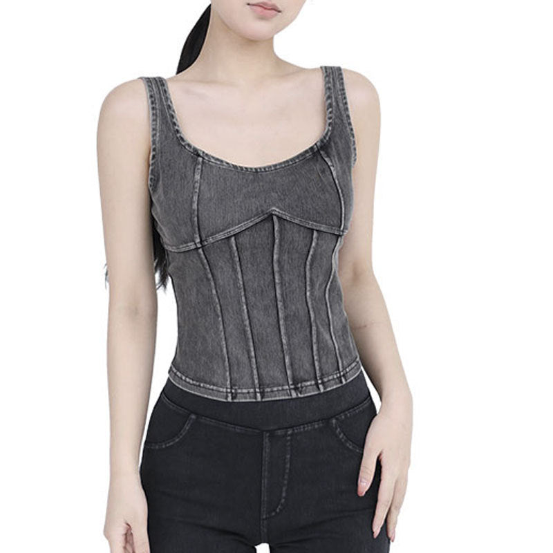 Autumn Winter Denim Yoga Straps Vest Women Elastic Tight With Chest Pad Beauty Back Exercise Outer Wear Workout Top