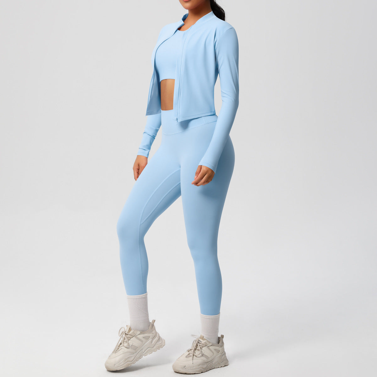 Skinny Yoga Pants Innerwear Short Sleeve Exercise Zip Long Sleeve Coat Workout Clothes Yoga Three Piece Set