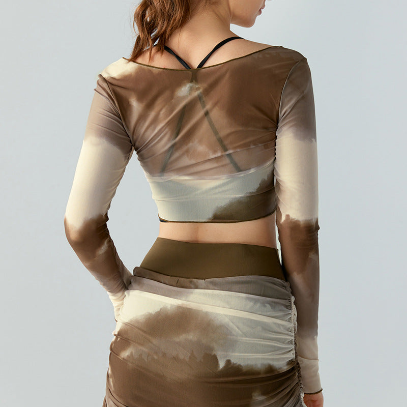 Sexy Sexy Yoga Blouse Women Printed Mesh High Grade Fitness Long Sleeve Loose All Match Sportswear Top