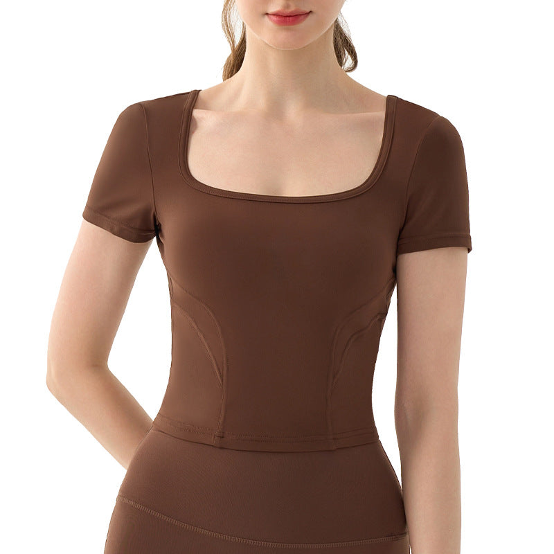 Shoulder U Collar Yoga Short Sleeved T Shirt Women Solid Color Summer Boning Corset Tangent Slim Fit Slimming Short Workout Top